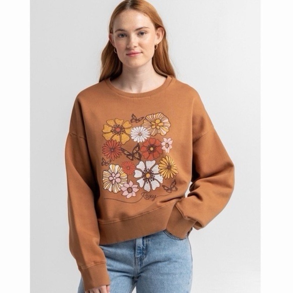 Roxy Floral Womens Small Brown Oversized Boho‎ Boxy Crewneck Pullover
